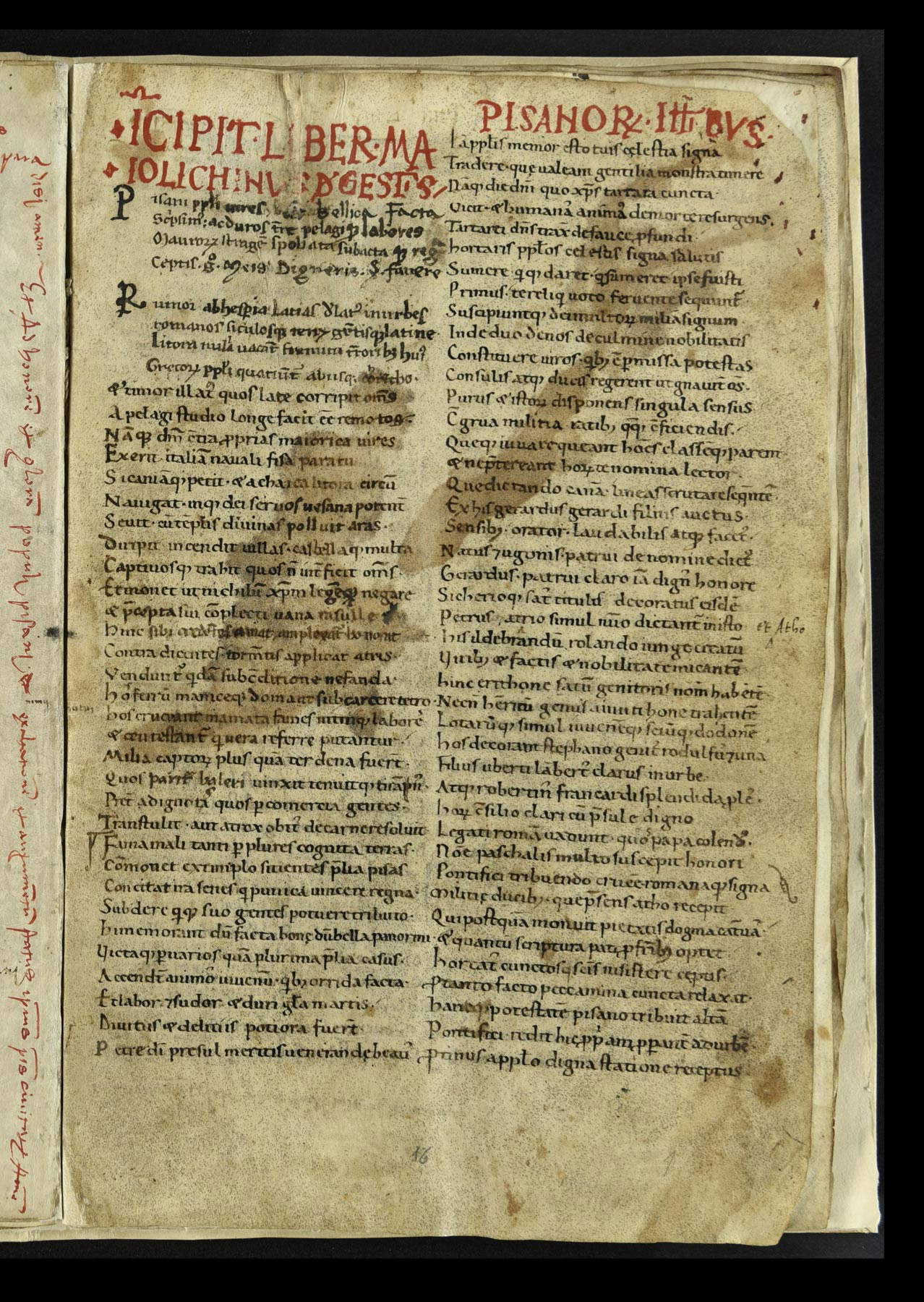 Anonimo, Liber maiolichinus de gestis Pisani populi, carta 16r (1117-1125; pergamena, 330 x 220 mm; Pisa, Biblioteca Universitaria, Ms. 723)