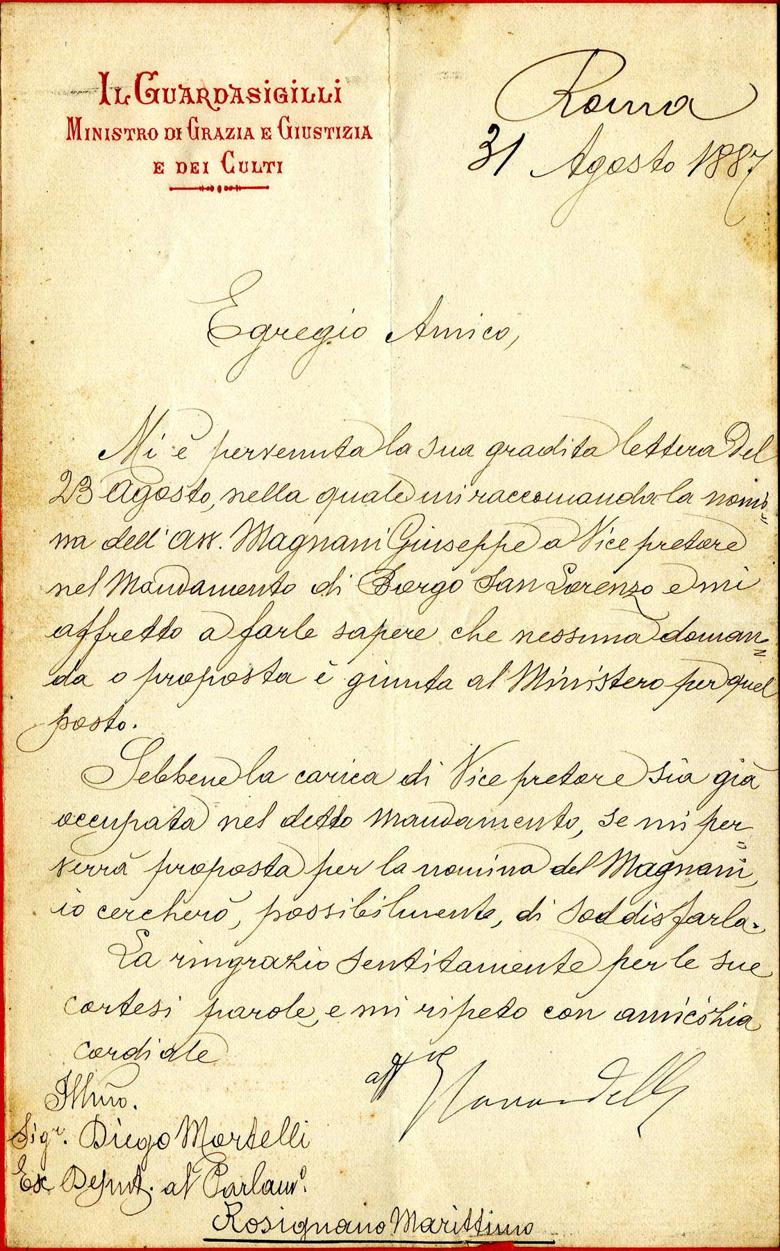 Brief von Giuseppe Zanardelli an Diego Martelli (1887) Brief von Giuseppe Zanardelli an Diego Martelli (1887)