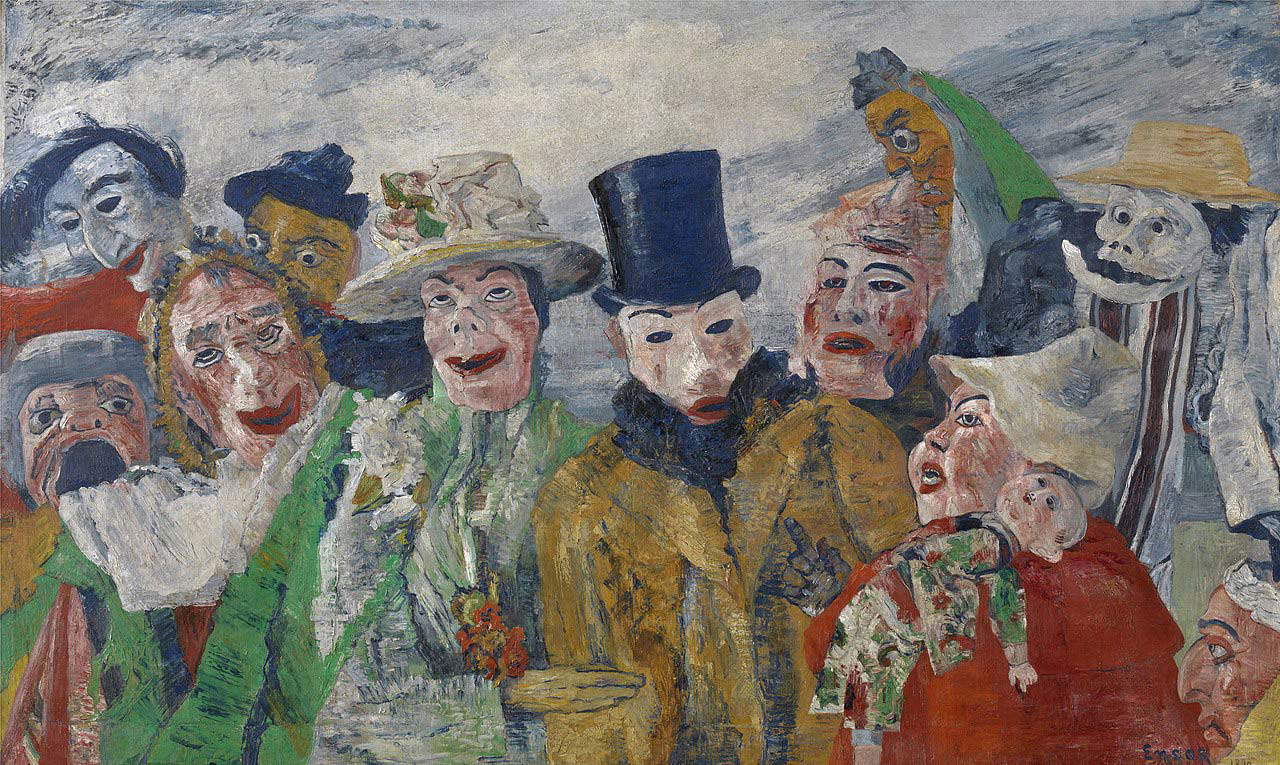 James Ensor, The Intrigue (1890 ; huile sur toile, 89,5 x 149 cm ; Anvers, Musée royal des Beaux-Arts) James Ensor, The Intrigue (1890 ; huile sur toile, 89,5 x 149 cm ; Anvers, Musée royal des Beaux-Arts)