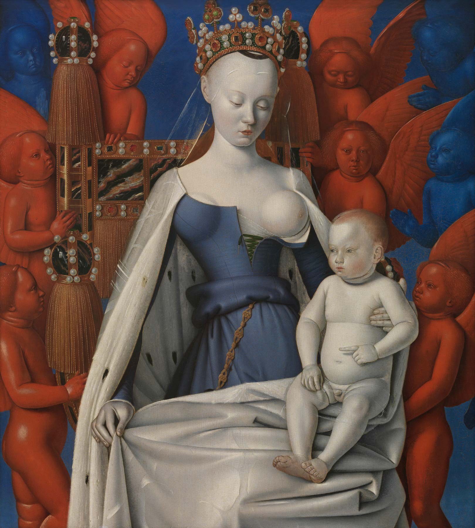 Jean Fouquet, Vierge à l'enfant entourée d'anges (vers 1450 ; huile sur panneau, 92 x 83,5 cm ; Anvers, Musée royal des Beaux-Arts) Jean Fouquet, Vierge à l'enfant entourée d'anges (vers 1450 ; huile sur panneau, 92 x 83,5 cm ; Anvers, Musée royal des Beaux-Arts)