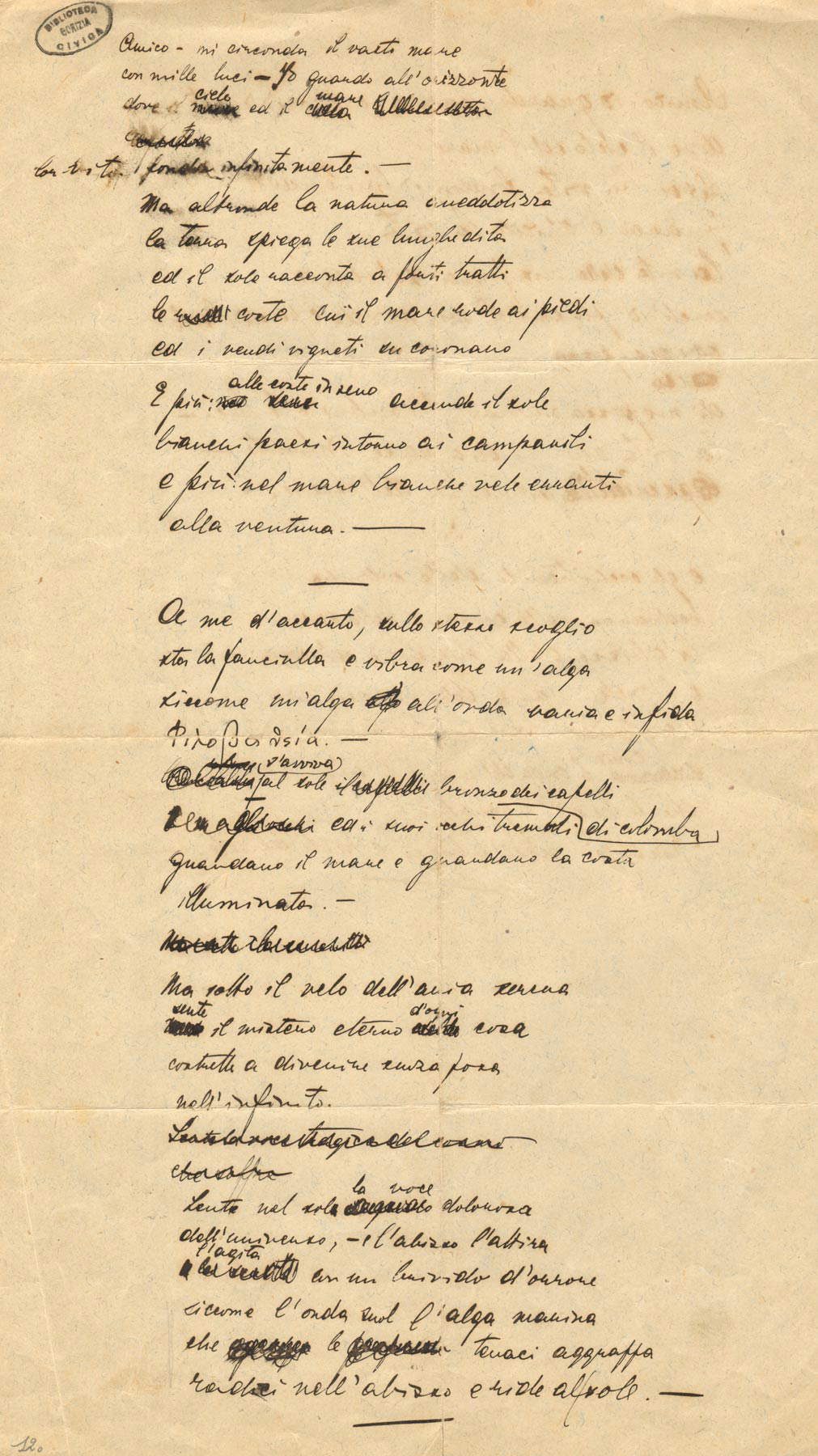 Carlo Michelstaedter, Freund - das weite Meer umgibt mich (Gedicht, Piran, August 1908; Gorizia, Biblioteca Statale Isontina, FCM III 1-8, recto)