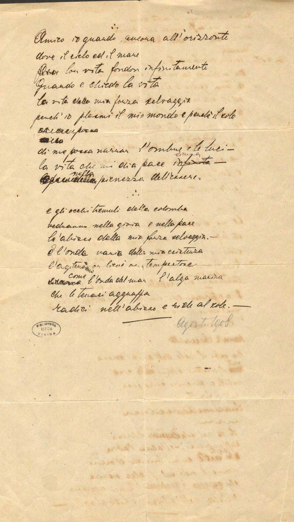 Carlo Michelstaedter, Freund - das weite Meer umgibt mich (Gedicht, Piran, August 1908; Gorizia, Biblioteca Statale Isontina, FCM III 1-8, Verse)