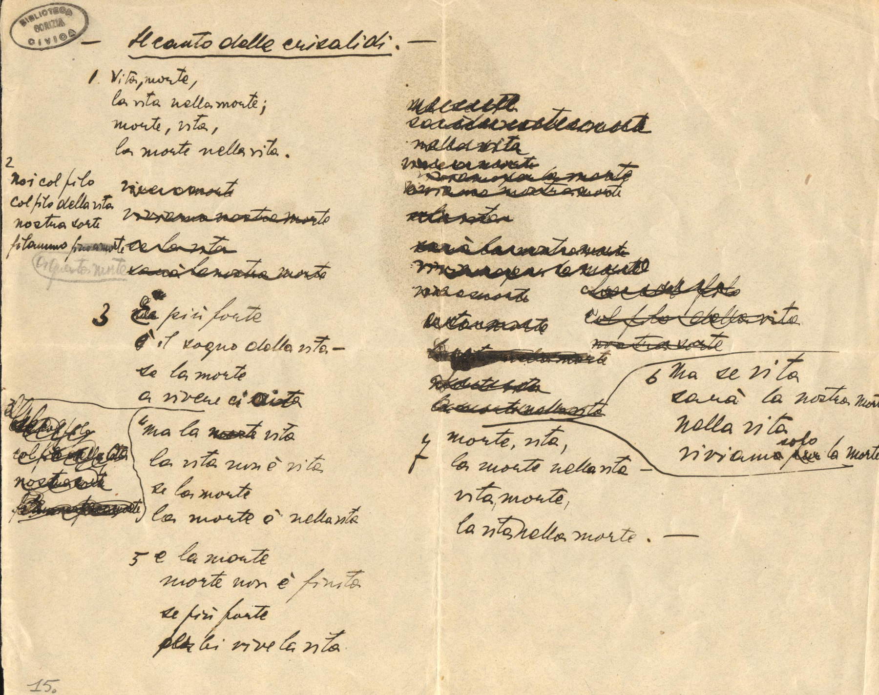 Carlo Michelstaedter, Il canto delle crisalidi (Gedicht, November 1909; Gorizia, Biblioteca Statale Isontina, FCM III 1-9)