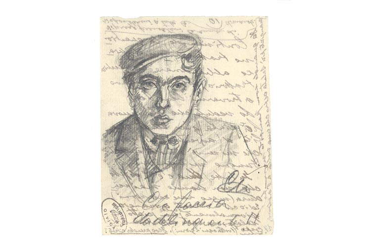 Carlo Michelstaedter, Was für ein kriminelles Gesicht!!! Selbstporträt (Bleistiftzeichnung auf einem Brief an die Familie vom 30. Oktober bis 1. November 1905, 11,5 x 9 cm; Gorizia, Biblioteca Statale Isontina, FCM I 1 a 7, c. 17v)