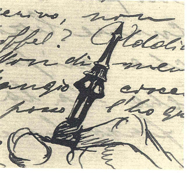 Carlo Michelstaedter, Schreibende Hand (Tuscheskizze auf Brief an die Familie vom 30. Oktober-1. November 1905, 17,5x11 cm; Gorizia, Biblioteca Statale Isontina, FCM I 1 a 7, ca. 15v)