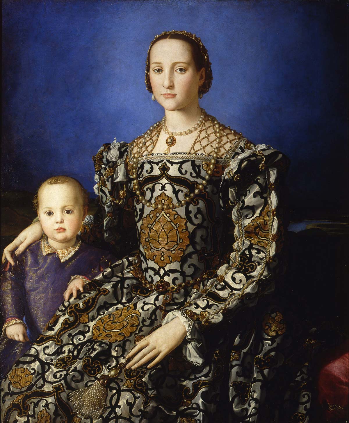 Bronzino, Retrato de Leonor de Toledo con su hijo Giovanni (1545; óleo sobre tabla, 115 x 96 cm; Florencia, Galería de los Uffizi) Bronzino, Retrato de Leonor de Toledo con su hijo Giovanni (1545; óleo sobre tabla, 115 x 96 cm; Florencia, Galería de los Uffizi)
