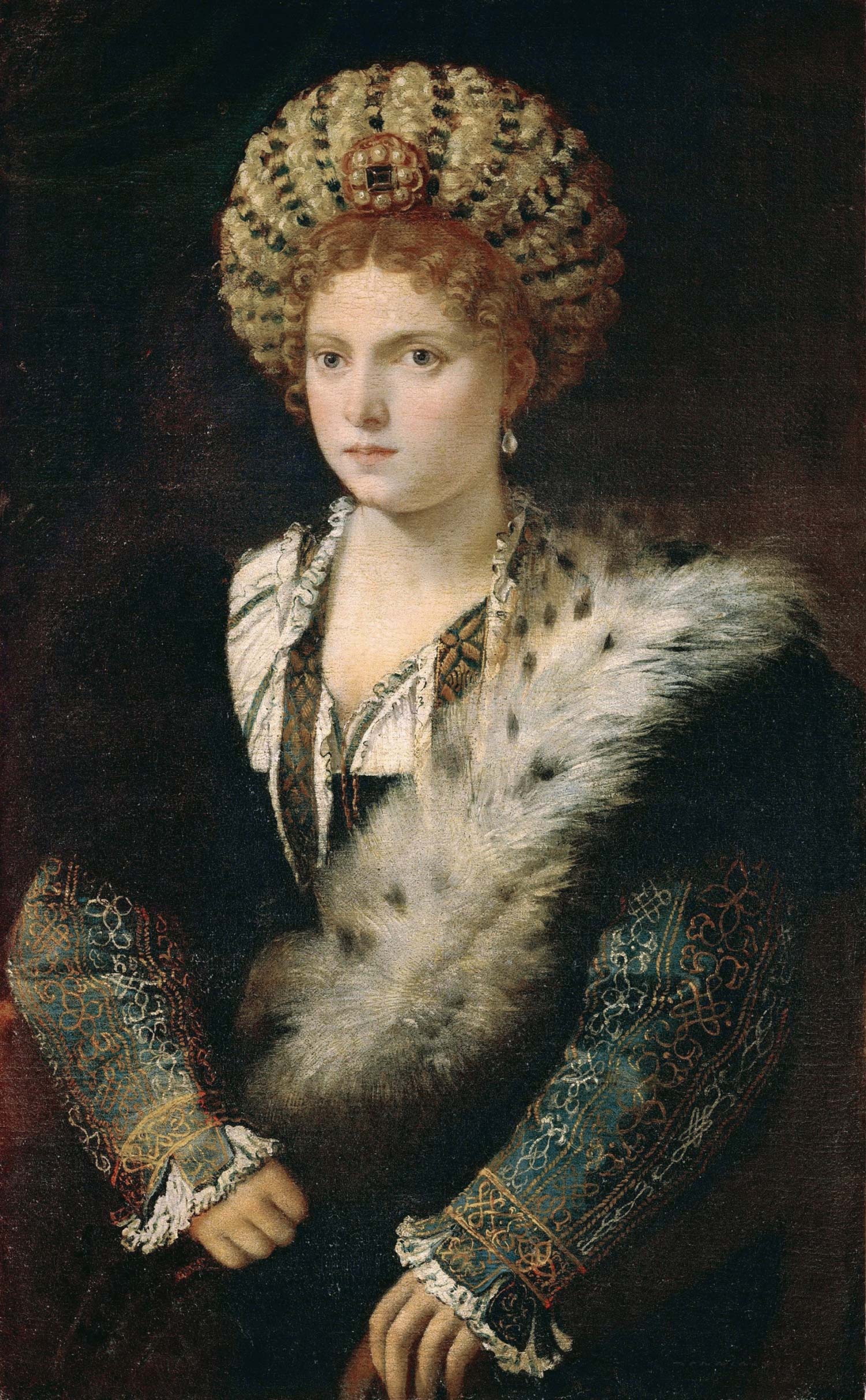 Tiziano, Ritratto di Isabella d'Este in nero (1530-1539; olio su tela, 102 x 64 cm; Vienna, Kunsthistorisches Museum) Tiziano, Ritratto di Isabella d'Este in nero (1530-1539; olio su tela, 102 x 64 cm; Vienna, Kunsthistorisches Museum)