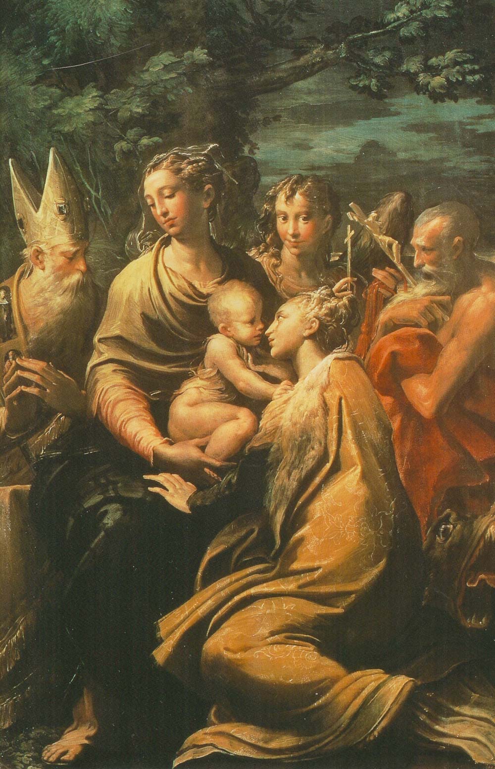 Francesco Mazzola conocido como Parmigianino, Virgen con el Niño y los santos Agustín, Jerónimo, Margarita y un ángel conocida como Madonna di Santa Margherita (1529; óleo sobre tabla, 222 x 147 cm; Bolonia, Pinacoteca Nazionale)