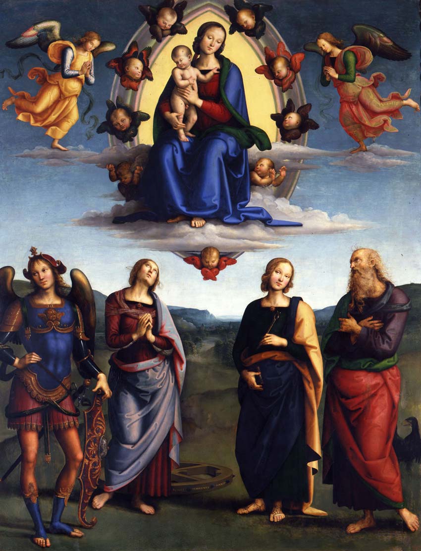 Pietro Vannucci, conocido como Perugino, Virgen con el Niño en la gloria y santos (óleo sobre tabla, 274 x 210 cm; Bolonia, Pinacoteca Nacional)