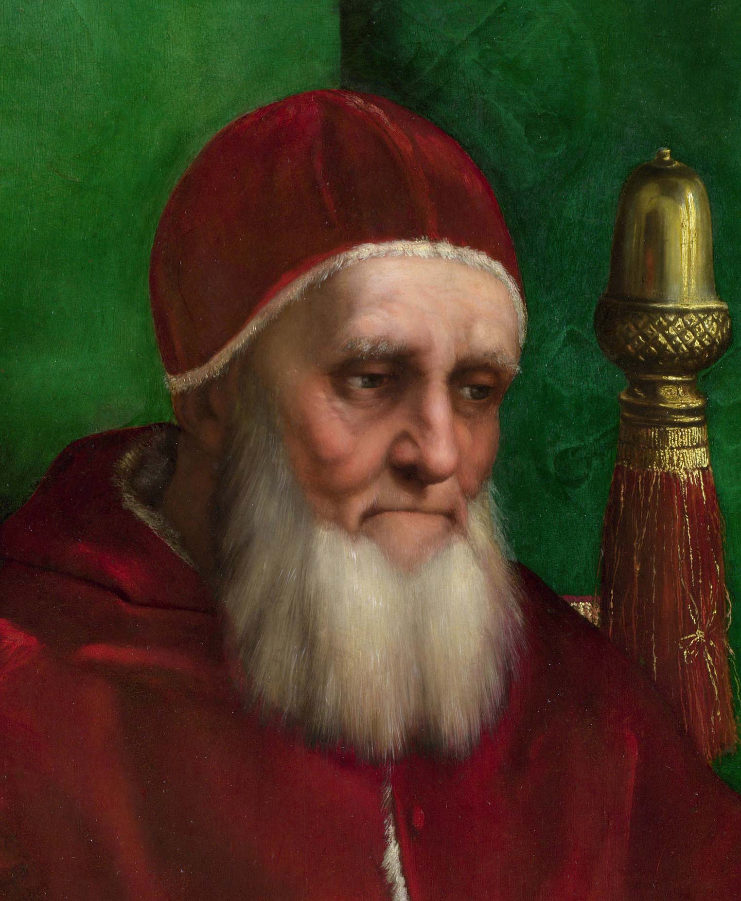 Rafael, Retrato del Papa Julio II, detalle. En el pensamiento introvertido del Pontífice reinante se concentra un mundo dialéctico y volitivo.