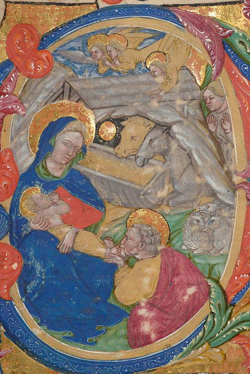 Cristoforo Cortese, Initialdetail O istoriata mit stillender Madonna (Padua, Biblioteca Statale S. Giustina, ms 1, f. 46r)