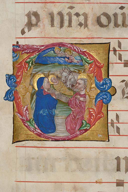 Cristoforo Cortese, Detailinitiale O istoriata mit Geburt Christi (Padua, Biblioteca Statale S. Giustina, ms 1, f. 47r)