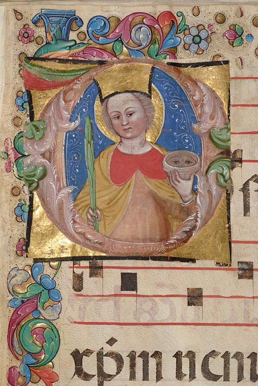 Cristoforo Cortese, Initialdetail O mit der Heiligen Lucia (Padua, Biblioteca Statale S. Giustina, ms 1, f. 113r)
