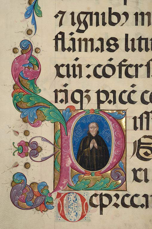 Cristoforo Cortese, Detail der Initiale P mit betendem Mönch (Padua, Biblioteca Statale S. Giustina, ms 1, f. 58v)
