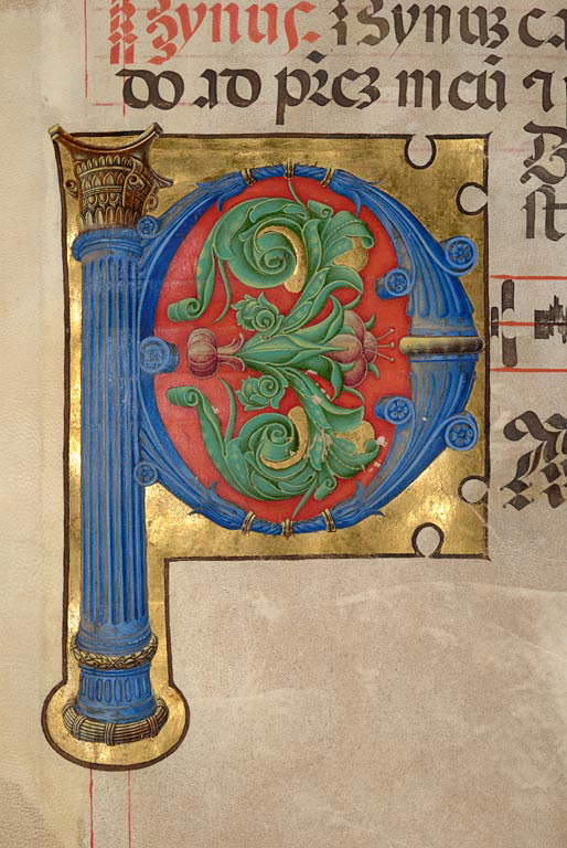 Girolamo da Cremona und Mitarbeiter, Anfangsdetail P (Padua, Biblioteca Statale S. Giustina, ms 2, f. 116r)