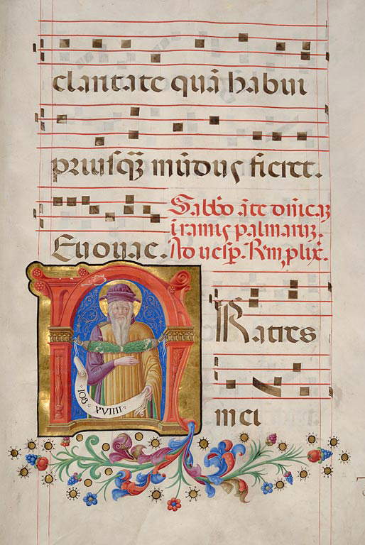 Girolamo da Cremona und Mitarbeiter, Detail Initiale F mit Hiob (Padua, Biblioteca Statale S. Giustina, ms 2, f. 37r)