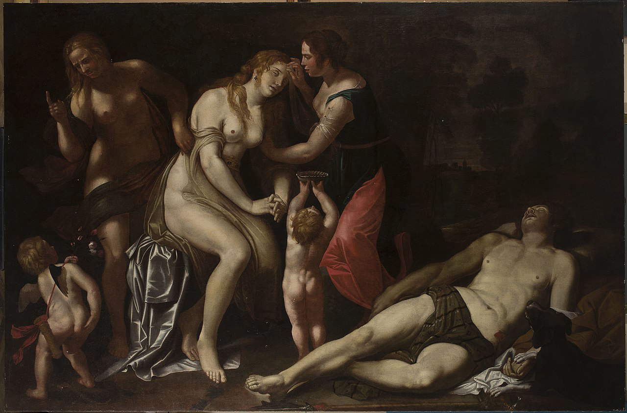 Copia da Domenico Fiasella, Morte di Adone (XVII secolo; olio su tela, 171 x 256 cm; Varsavia, Muzeum Narodowe w Warszawie). Opera non in mostra Copia da Domenico Fiasella, Morte di Adone (XVII secolo; olio su tela, 171 x 256 cm; Varsavia, Muzeum Narodowe w Warszawie). Opera non in mostra