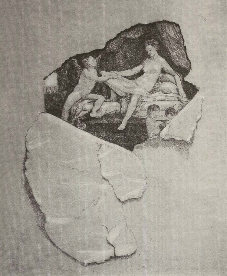 Ezio Camorani, Danaé de l'autre côté du mur (2022, gravure 435 x 337 mm).