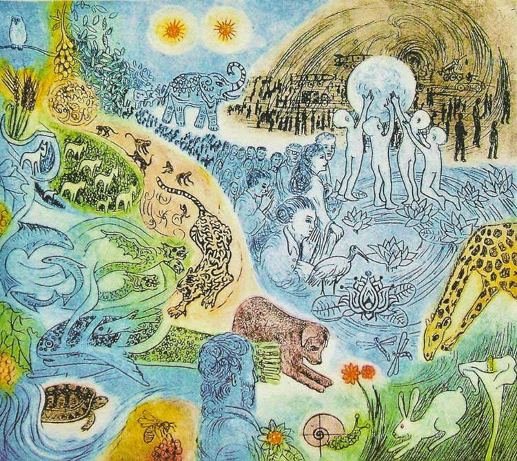 Giovanni Mambelli, En attendant le temps des deux soleils (pointe sèche sur multiplex, 390 x 440 mm).