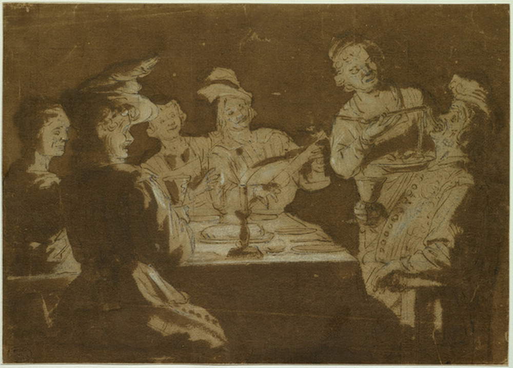 Gerrit van Hontorst, Abendessen mit Lautenspieler (1619-1620; Zeichnung, 233 x 326 mm; Grenoble, Musée de Grenoble) Gerrit van Hontorst, Abendessen mit Lautenspieler (1619-1620; Zeichnung, 233 x 326 mm; Grenoble, Musée de Grenoble)