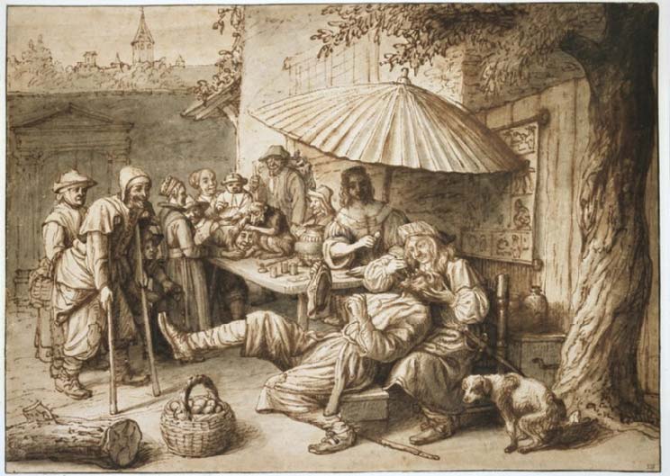 Lambert Doomer, Ein Quacksalber zieht einem Bauern einen Zahn (zweite Hälfte 17. Jahrhundert; Feder und braune Tinte mit Gouache auf Papier, 288 x 403 mm; Oxford, Ashmolean Museum) Lambert Doomer, Ein Quacksalber zieht einem Bauern einen Zahn (zweite Hälfte 17. Jahrhundert; Feder und braune Tinte mit Gouache auf Papier, 288 x 403 mm; Oxford, Ashmolean Museum)