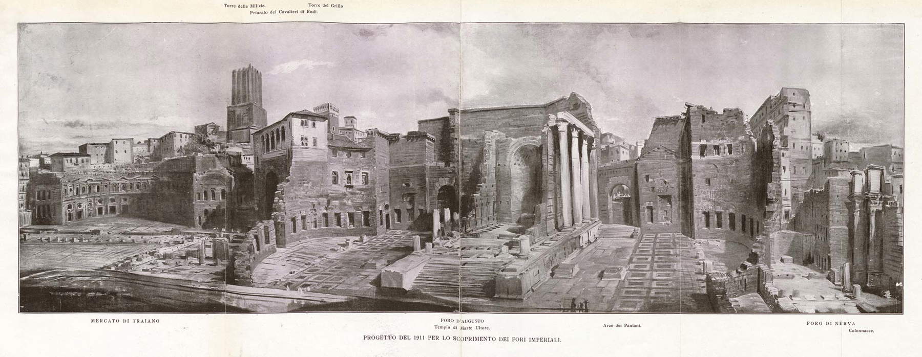 Projet de 1911 pour la mise au jour des Forums impériaux, extrait de Il mercato di Traiano de Corrado Ricci publié en 1929 Projet de 1911 pour la mise au jour des Forums impériaux, extrait de Il mercato di Traiano de Corrado Ricci publié en 1929