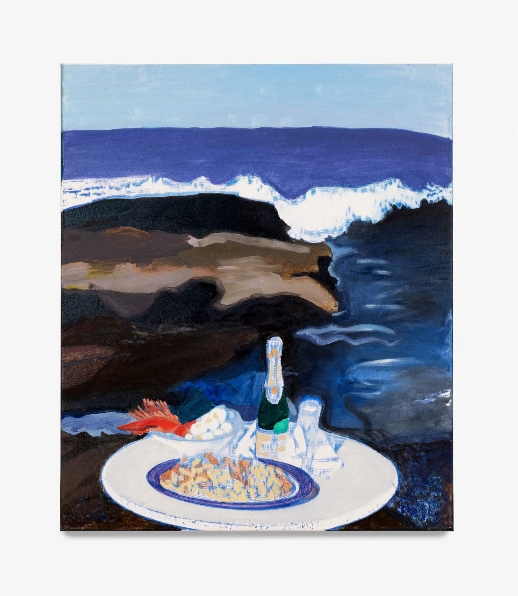 Victoria Colmegna, Jos&eacute; Ignacio (Botella de champán) (2022; óleo sobre lienzo impreso, 120 x 100 cm)