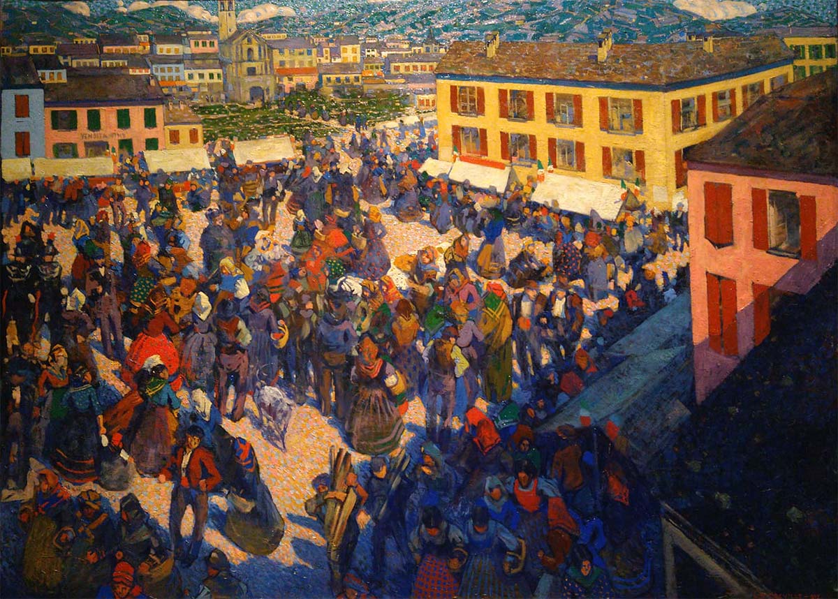 Leonardo Dudreville, Trilogía Country. Cuando suenan las campanas. La Feria (1912; óleo sobre lienzo, 130,5 x 175,5 cm; Lugano, Museo d'Arte della Svizzera Italiana) Leonardo Dudreville, Trilogía Country. Cuando suenan las campanas. La Feria (1912; óleo sobre lienzo, 130,5 x 175,5 cm; Lugano, Museo d'Arte della Svizzera Italiana)