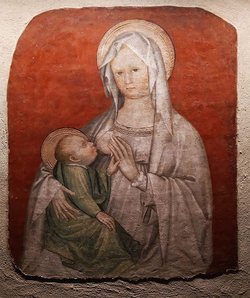 Artista cremonese, Madonna del latte (1410-1420 circa; affresco sstrappato e montato su supporto in alluminio, 99,8 x 79,9 cm; Mantova, Palazzo Ducale) Artista cremonese, Madonna del latte (1410-1420 circa; affresco sstrappato e montato su supporto in alluminio, 99,8 x 79,9 cm; Mantova, Palazzo Ducale)