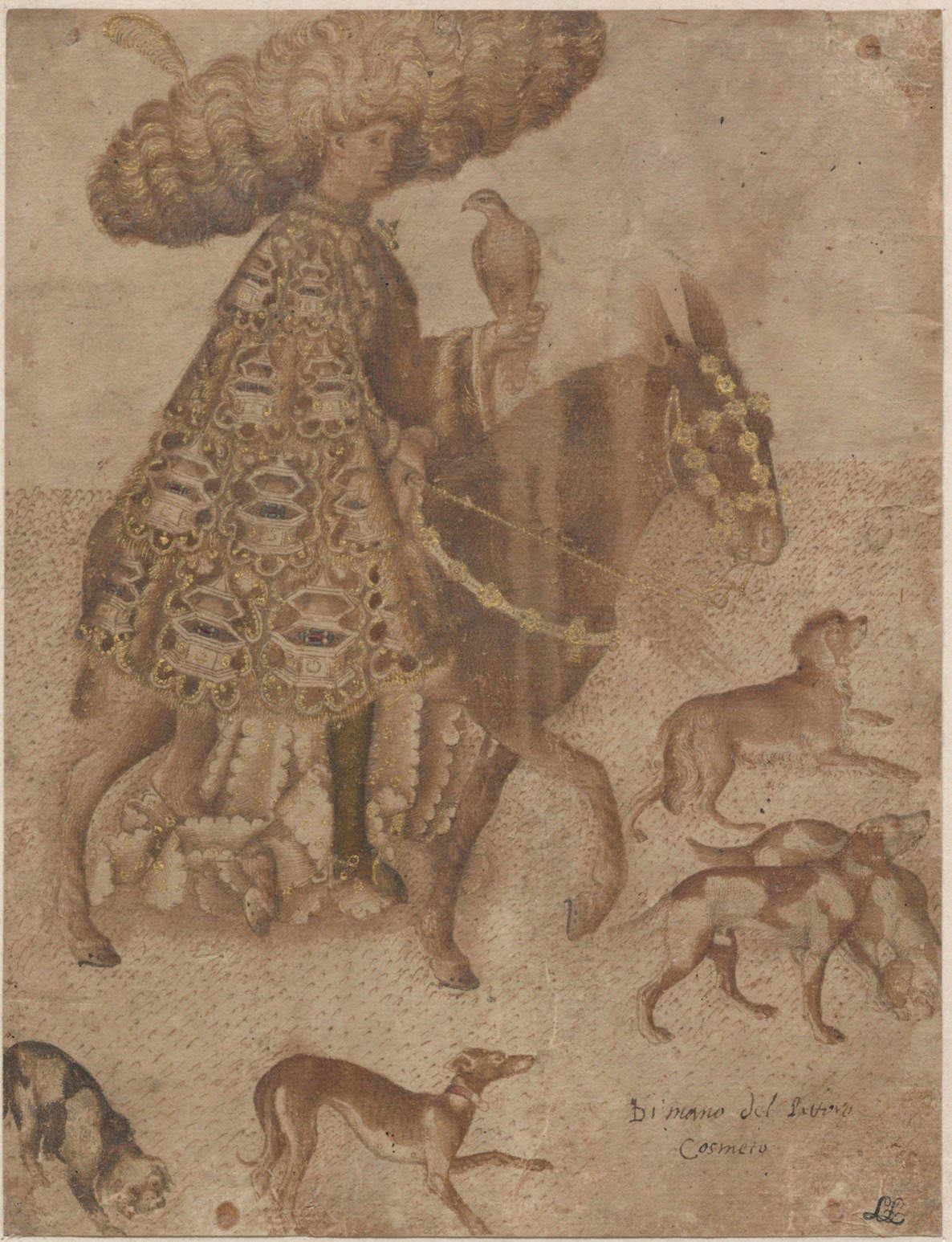 Pisanello, Cavaliere estense come falconiere (1440 circa; penna e acquarellature brune, rosse e blu su traccia a matita nera, dorature a missione, carta tinta ocracea controfondata, 226 x 173 mm; Parigi, Fondation Custodia) Pisanello, Cavaliere estense come falconiere (1440 circa; penna e acquarellature brune, rosse e blu su traccia a matita nera, dorature a missione, carta tinta ocracea controfondata, 226 x 173 mm; Parigi, Fondation Custodia)