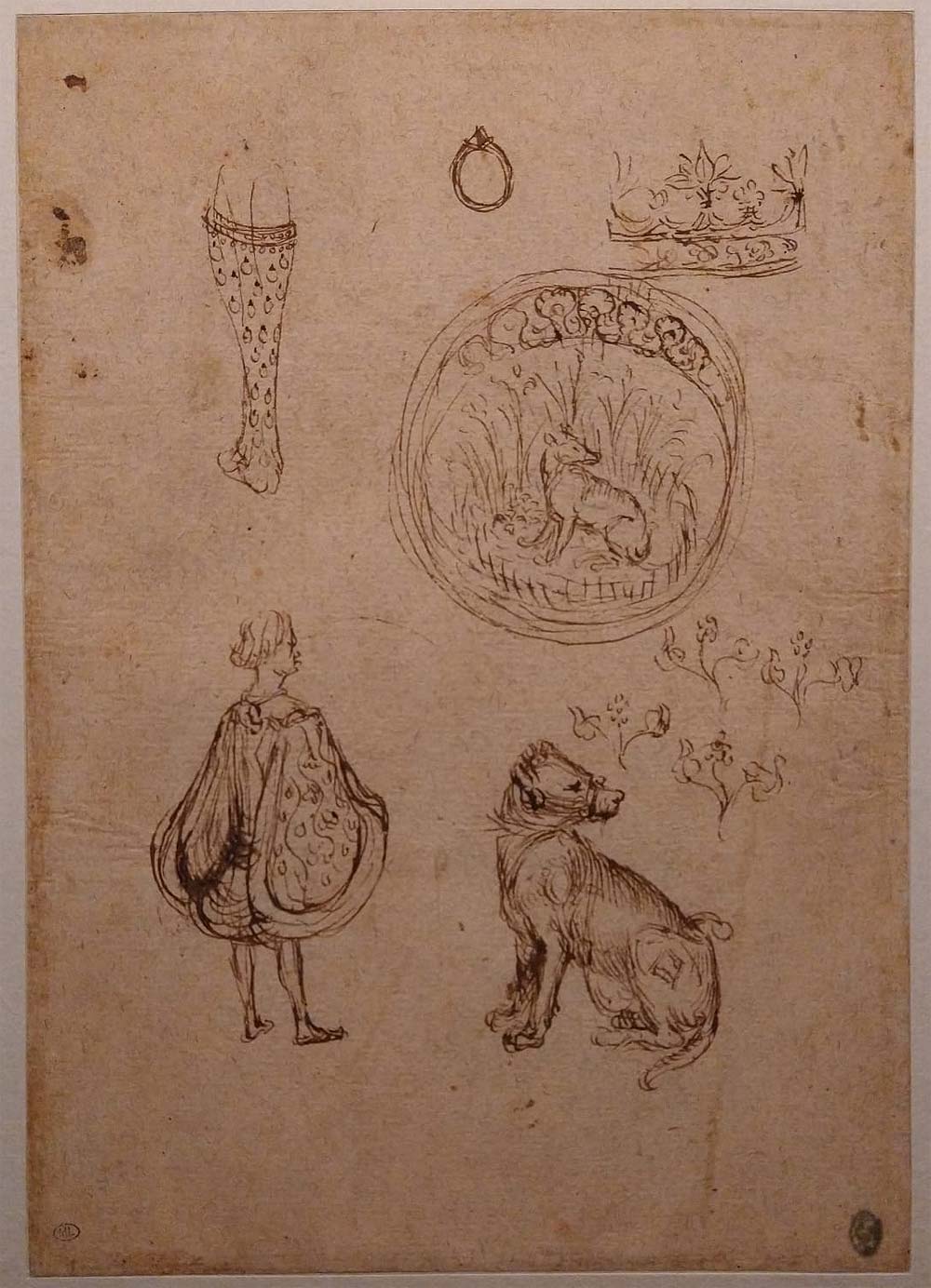 Pisanello, Studi di una gamba, un anello, una corona, un uomo in abiti contemporanei, e un emblema con un cane, fiori (prima del 1433; penna e inchiostro bruno su carta, 280 x 200 mm; Parigi, Louvre, Département des Arts graphiques, inv. 2277) Pisanello, Studi di una gamba, un anello, una corona, un uomo in abiti contemporanei, e un emblema con un cane, fiori (prima del 1433; penna e inchiostro bruno su carta, 280 x 200 mm; Parigi, Louvre, Département des Arts graphiques, inv. 2277)