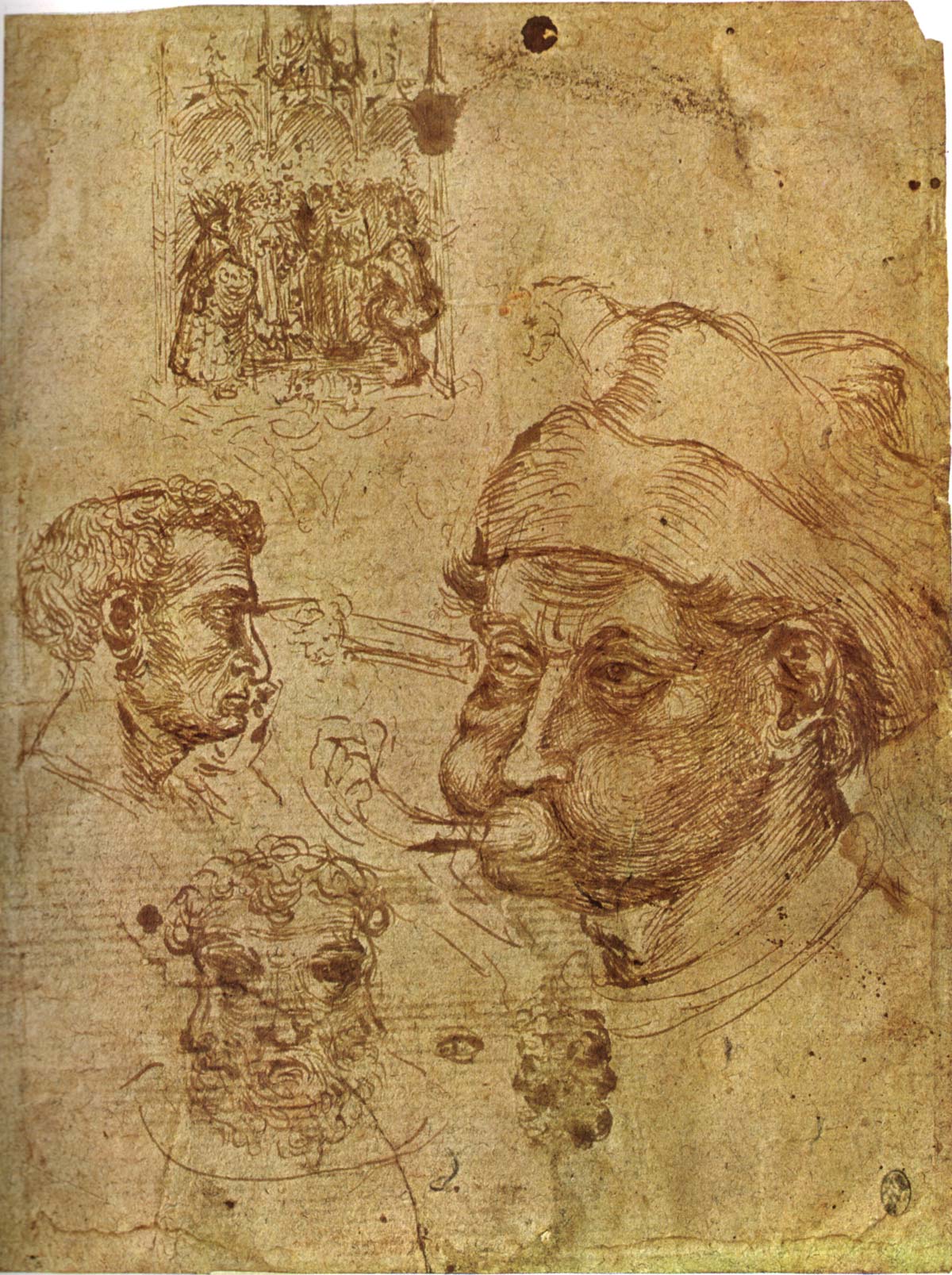 Pisanello, Studio di quattro teste maschili, un'ancona, un cavallo (prima del 1433; penna e inchiostro bruno, tracce di matita rossa su carta, 272 x 205 mm; Parigi, Louvre, Département des Arts graphiques, inv. 2300) Pisanello, Studio di quattro teste maschili, un'ancona, un cavallo (prima del 1433; penna e inchiostro bruno, tracce di matita rossa su carta, 272 x 205 mm; Parigi, Louvre, Département des Arts graphiques, inv. 2300)