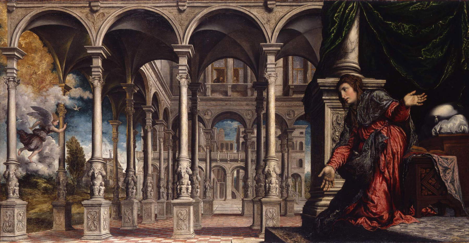 Paris Bordon, Annunciazione (1545-1550 circa; olio su tela, 102 x 196 cm; Caen, Mus&eacute;e des Beaux-Arts)