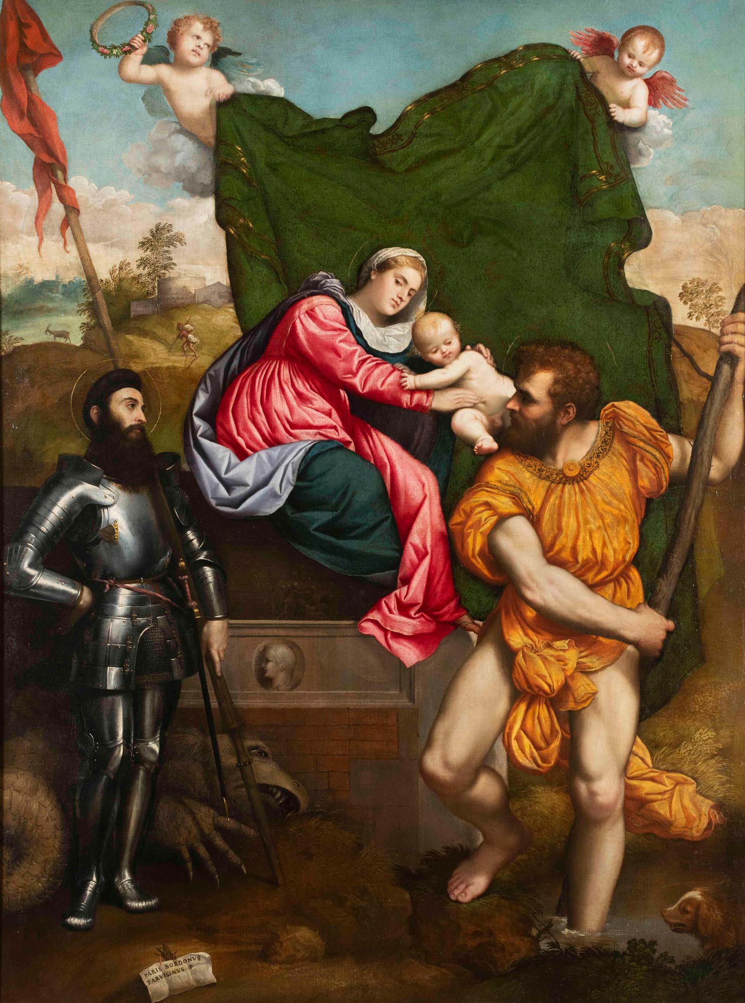 Paris Bordon, Madonna con il Bambino in trono tra i santi Giorgio e Cristoforo (Pala Manfron) (1526-1527; circa, olio su tela, 218 x 156,6 cm; Lovere, Galleria dell&rsquo;Accademia Tadini)