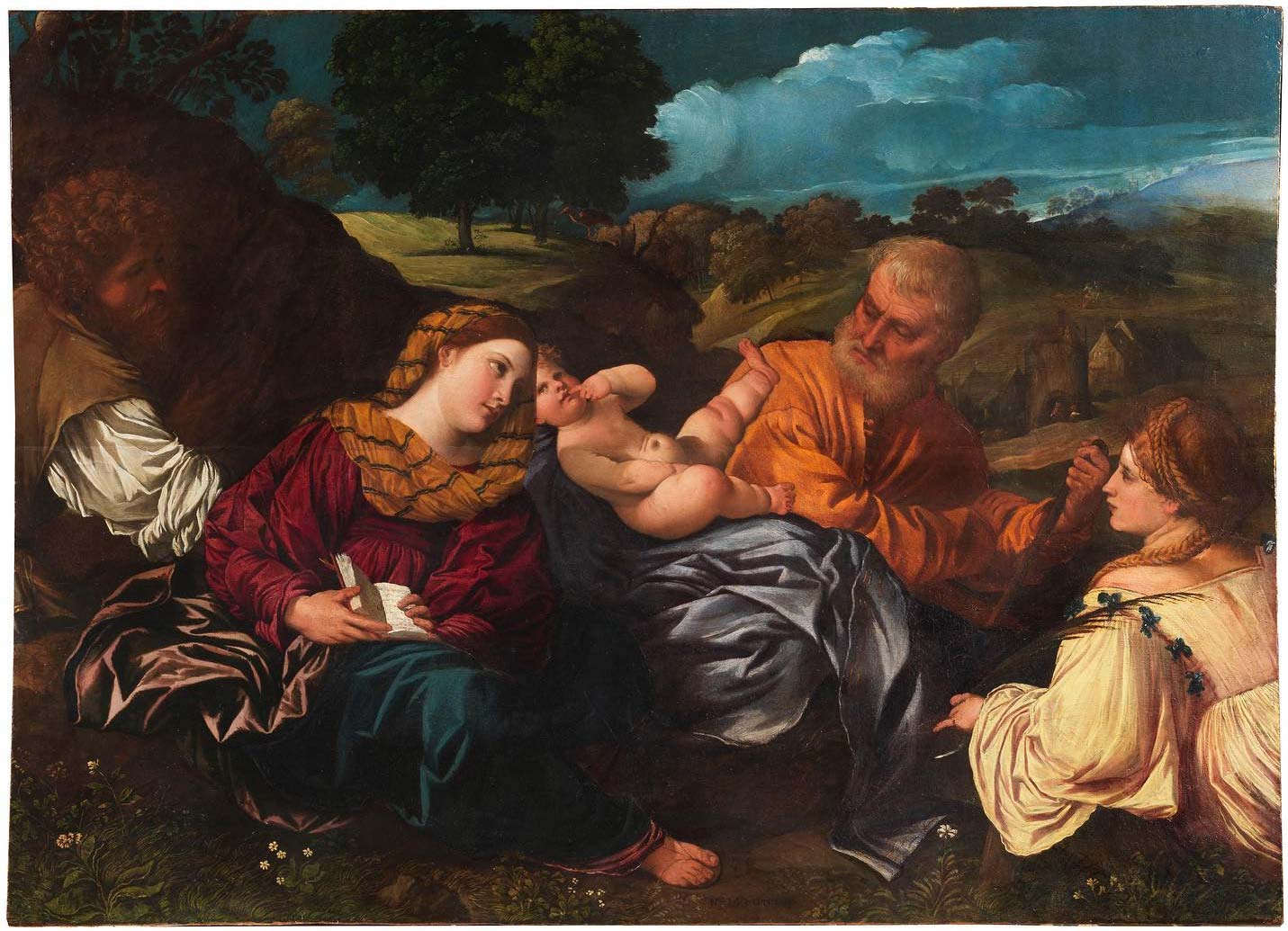 Paris Bordon, Sacra famiglia con santa Caterina d'Alessandria e un devoto (1518-1520 circa; olio su tavola, 84 x 115,5 cm; Roma, Galleria Doria Pamphilj)
