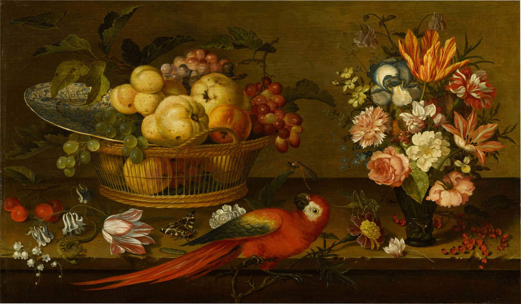 Balthasar van der Ast, Stilleben mit einem Obstkorb und einer Wanli Kraak Porzellanschale, einer Blumenvase, einem Papagei, einer Eidechse und Insekten auf einem Sims (Öl auf Tafel, 37,2 x 63,5 cm) Balthasar van der Ast, Stilleben mit einem Obstkorb und einer Wanli Kraak Porzellanschale, einer Blumenvase, einem Papagei, einer Eidechse und Insekten auf einem Sims (Öl auf Tafel, 37,2 x 63,5 cm)