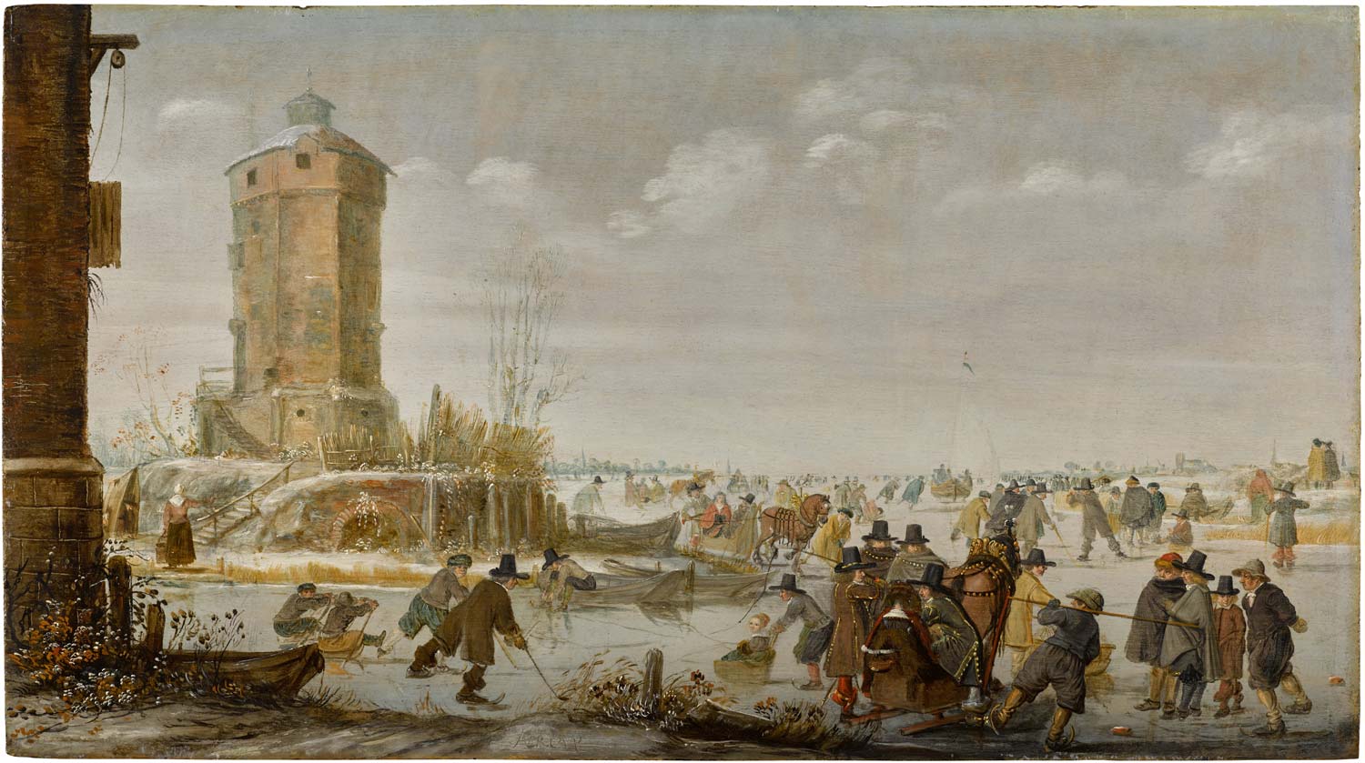 Barent Avercamp, Schlittschuhläufer, Kolfspieler und elegante Figuren mit Pferdeschlitten auf einem zugefrorenen Fluss bei einem Turm (Öl auf Tafel, 30,8 x 55 cm) Barent Avercamp, Schlittschuhläufer, Kolfspieler und elegante Figuren mit Pferdeschlitten auf einem zugefrorenen Fluss bei einem Turm (Öl auf Tafel, 30,8 x 55 cm)