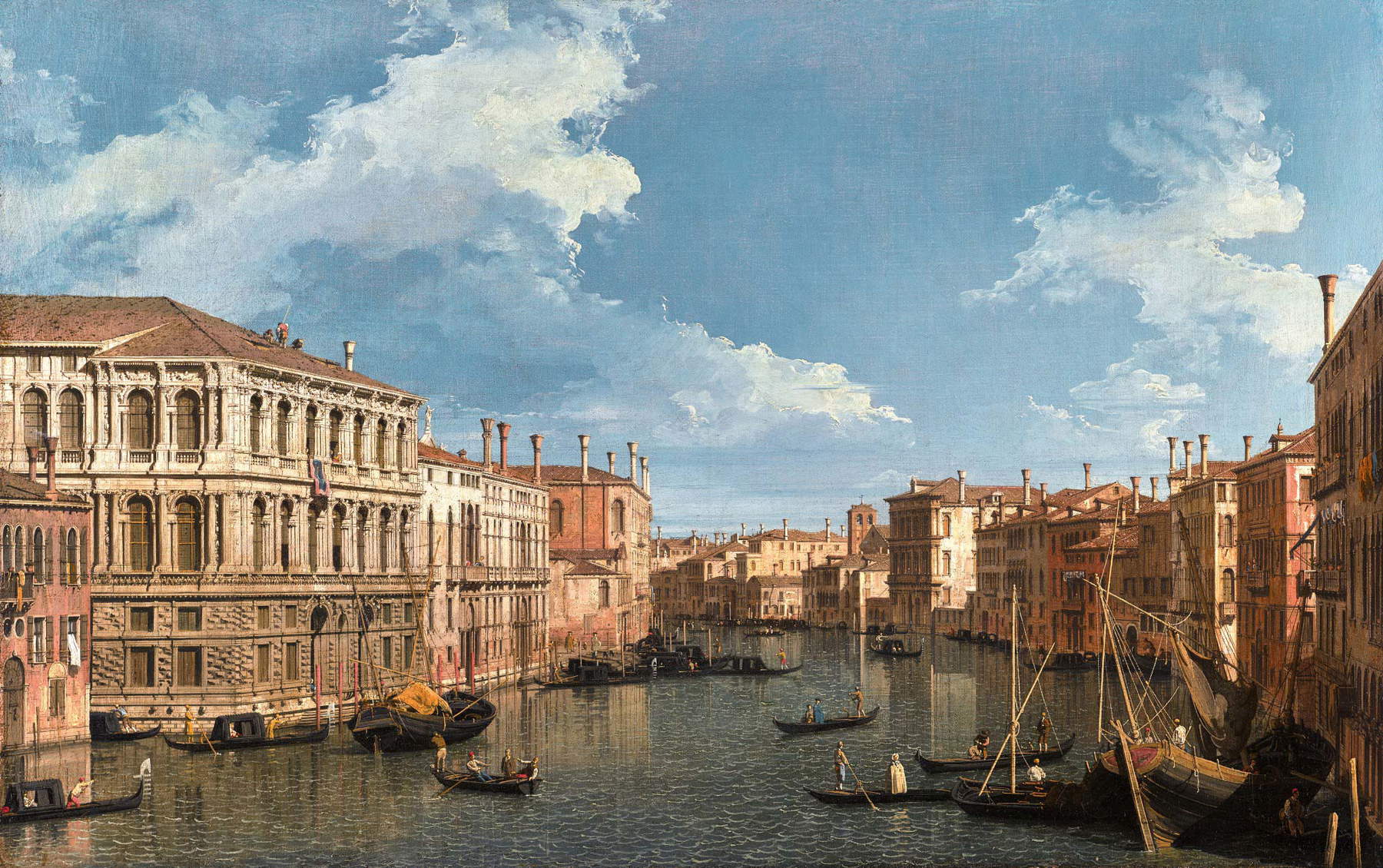 Canaletto, Blick auf den Canal Grande in nordwestlicher Richtung mit Palazzo Pesaro und Palazzo Foscarini (Öl auf Leinwand, 59,7 x 94 cm) Canaletto, Blick auf den Canal Grande in nordwestlicher Richtung mit Palazzo Pesaro und Palazzo Foscarini (Öl auf Leinwand, 59,7 x 94 cm)