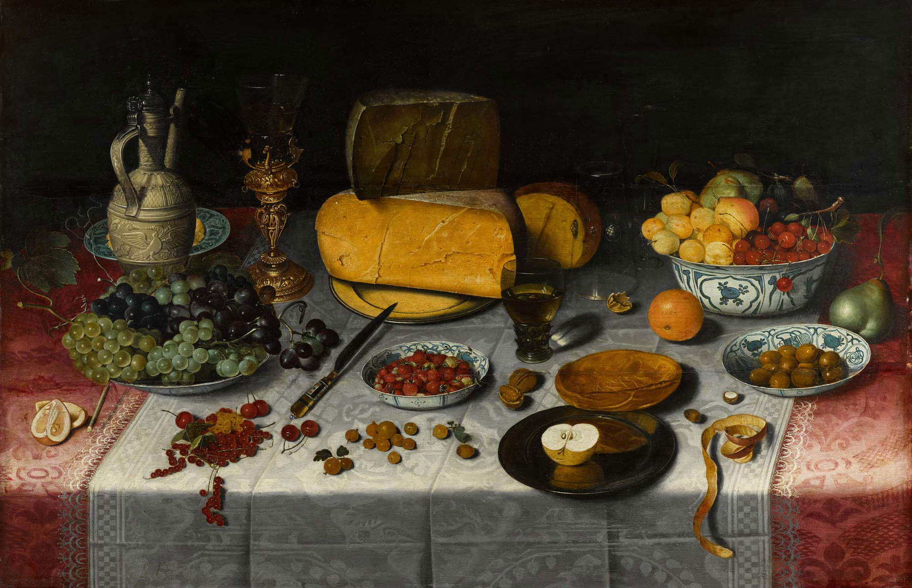 Floris van Dijck, Stillleben mit Früchten und Oliven in verschiedenen blau-weißen Schalen aus chinesischem Exportporzellan (Öl auf Tafel, 74,7 x 114,5 cm) Floris van Dijck, Stillleben mit Früchten und Oliven in verschiedenen blau-weißen Schalen aus chinesischem Exportporzellan (Öl auf Tafel, 74,7 x 114,5 cm)
