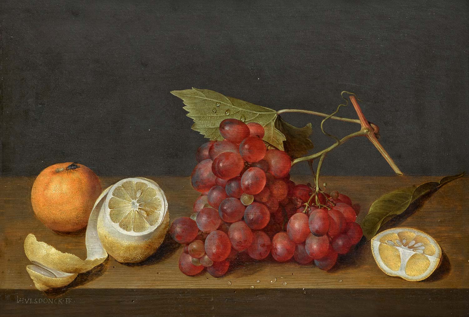 Jacob van Hulsdonck, Stilleben mit einer Weintraube und einer geschälten Zitrone auf einem Sims (Öl auf Tafel, 26,9 x 39,2 cm) Jacob van Hulsdonck, Stilleben mit einer Weintraube und einer geschälten Zitrone auf einem Sims (Öl auf Tafel, 26,9 x 39,2 cm)