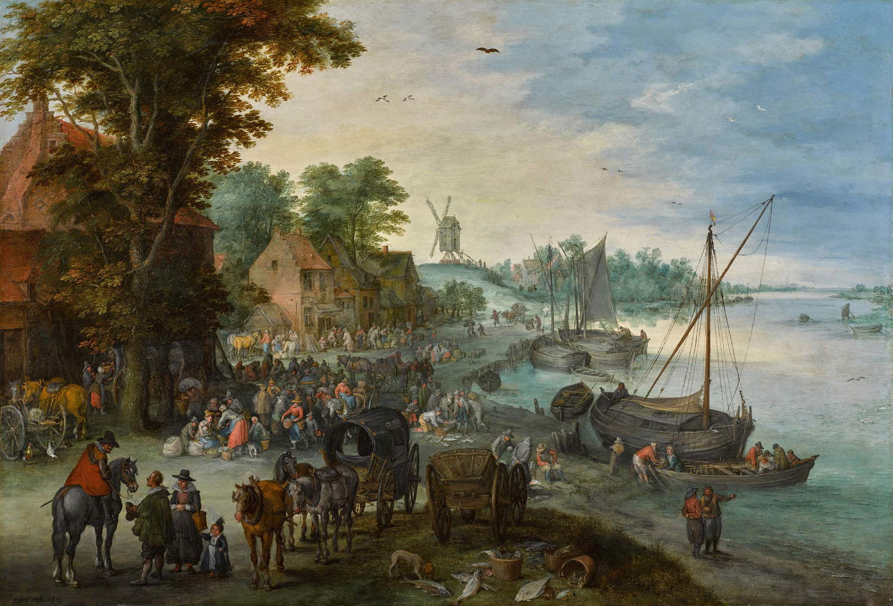 Jan Brueghel der Ältere, Eine bewaldete Flusslandschaft mit einem Fischmarkt und Fischerbooten in der Nähe eines Dorfes (Öl auf Kupfer, 40,6 x 59,1 cm) Jan Brueghel der Ältere, Eine bewaldete Flusslandschaft mit einem Fischmarkt und Fischerbooten in der Nähe eines Dorfes (Öl auf Kupfer, 40,6 x 59,1 cm)