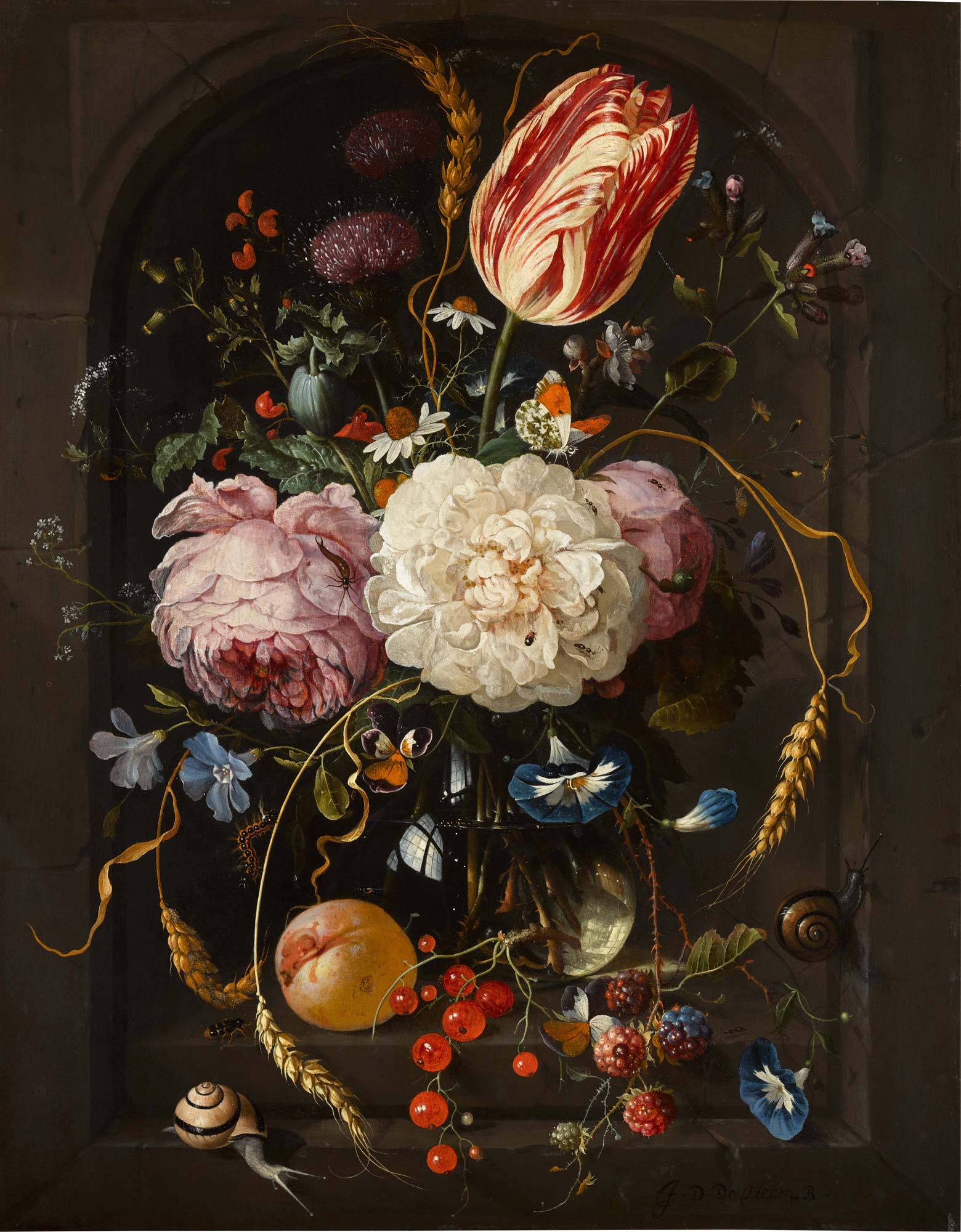 Jan Davidszoon De Heem, Blumenstillleben in einer Glasvase mit Insekten und Früchten in einer Steinnische (Öl auf Tafel, 34,2 x 26,8 cm) Jan Davidszoon De Heem, Blumenstillleben in einer Glasvase mit Insekten und Früchten in einer Steinnische (Öl auf Tafel, 34,2 x 26,8 cm)