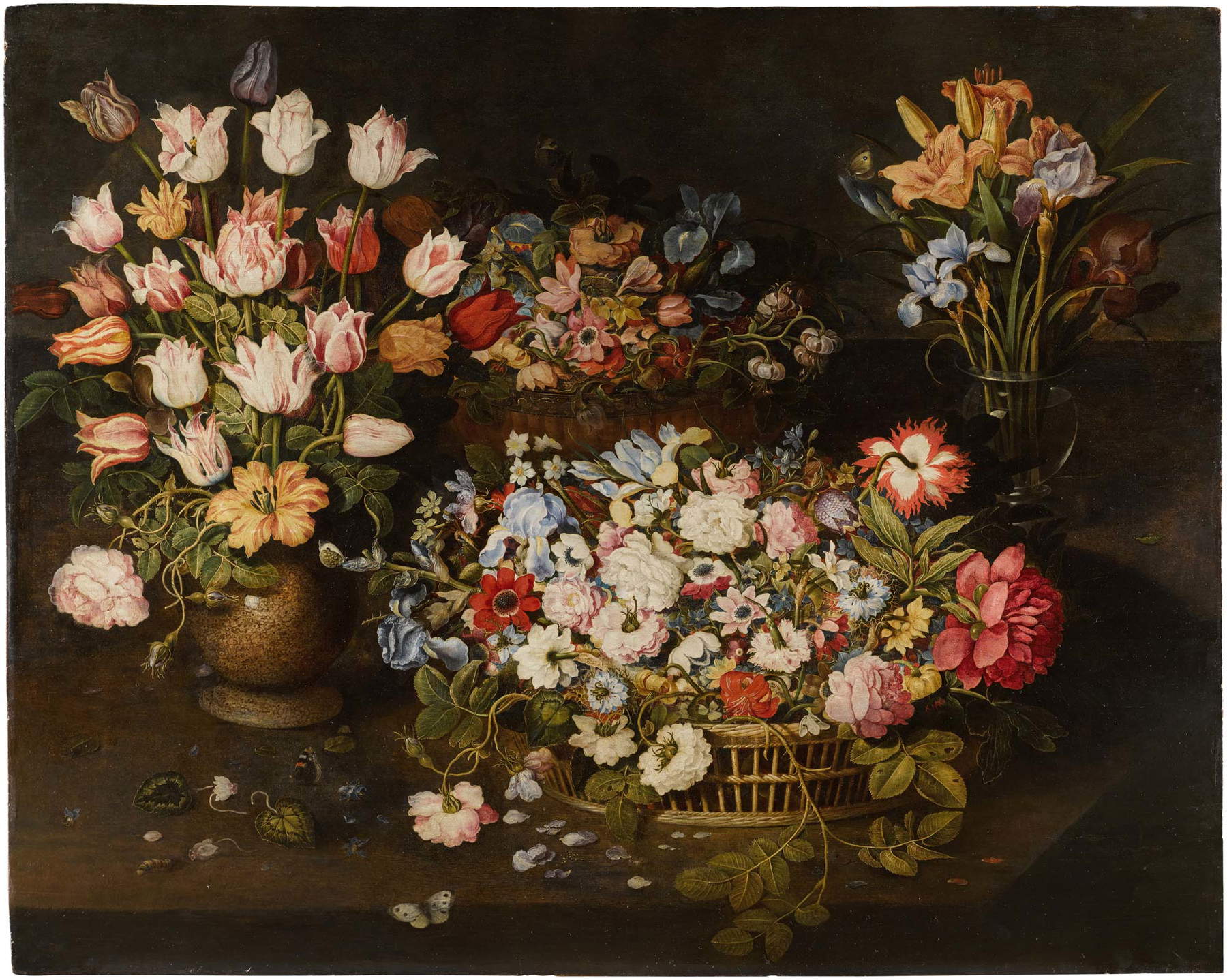Osias Beert der Ältere, Stilleben mit Tulpen und einer Apothekerrose in einer Vase aus Steingut (Öl auf Tafel, 95,7 x 119,7 cm) Osias Beert der Ältere, Stilleben mit Tulpen und einer Apothekerrose in einer Vase aus Steingut (Öl auf Tafel, 95,7 x 119,7 cm)
