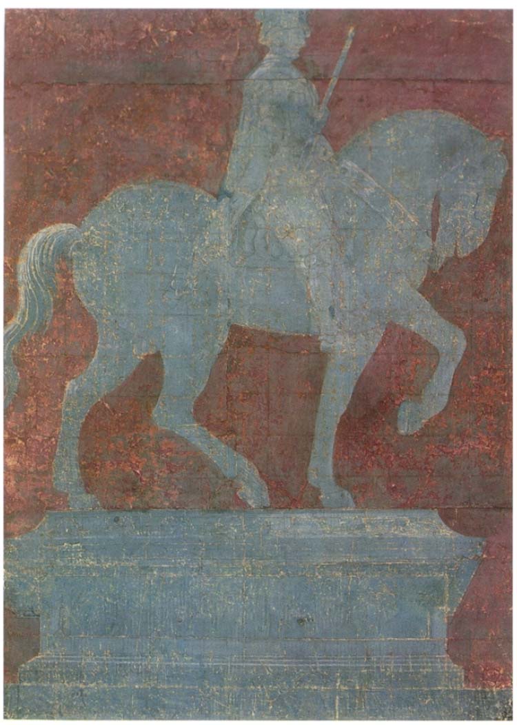Paolo Uccello, Cartonetto per il monumento equestre a Giovanni Acuto (1436; dibujo a punta de plata y temple con reflejos de plomo blanco, sobre papel preparado, cuadriculado, 460 x 330 mm; Florencia, Galería de los Uffizi, Gabinete de Dibujos y Estampas, inv. 31F) Paolo Uccello, Cartonetto per il monumento equestre a Giovanni Acuto (1436; dibujo a punta de plata y temple con reflejos de plomo blanco, sobre papel preparado, cuadriculado, 460 x 330 mm; Florencia, Galería de los Uffizi, Gabinete de Dibujos y Estampas, inv. 31F)