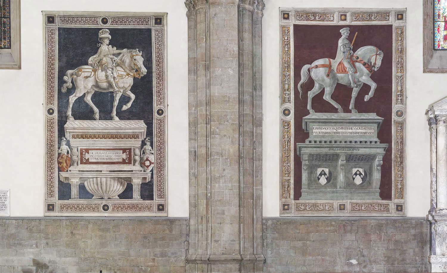 Paolo Uccello, Monumento ecuestre a Giovanni Acuto en la Catedral de Santa Maria del Fiore junto al Monumento ecuestre a Niccolò da Tolentino de Andrea del Castagno Paolo Uccello, Monumento ecuestre a Giovanni Acuto en la Catedral de Santa Maria del Fiore junto al Monumento ecuestre a Niccolò da Tolentino de Andrea del Castagno