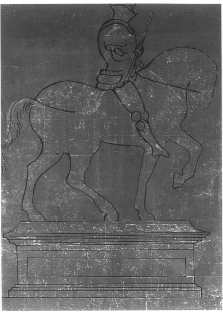 Reconstrucción gráfica del dibujo bajo el cartón de los Uffizi, con la primera versión del monumento, realizada en fluorescencia UV (elaboración de Lorenza Melli) Reconstrucción gráfica del dibujo bajo el cartón de los Uffizi, con la primera versión del monumento, realizada en fluorescencia UV (elaboración de Lorenza Melli)