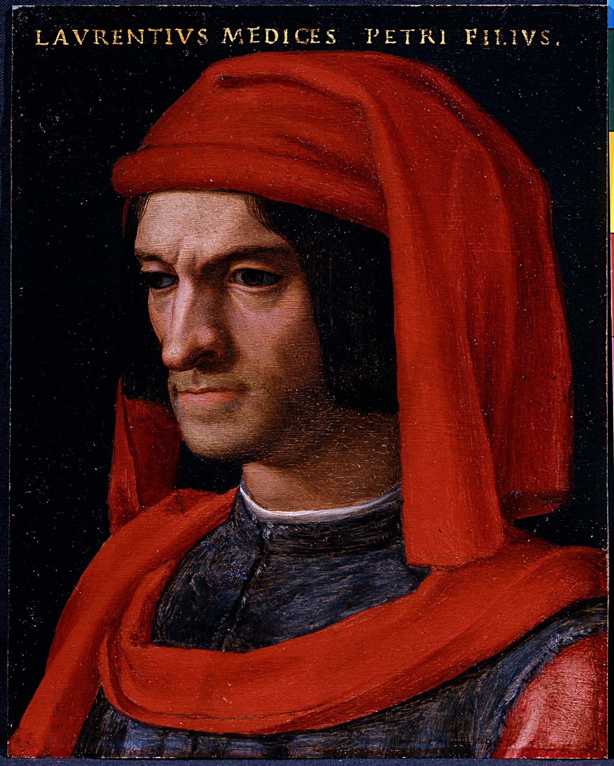 Bronzino e bottega, Ritratto di Lorenzo il Magnifico (1552-1553 circa; olio su stagno, 16 x 12,5 cm; Firenze, Gallerie degli Uffizi, Galleria delle Statue e delle Pitture) Bronzino e bottega, Ritratto di Lorenzo il Magnifico (1552-1553 circa; olio su stagno, 16 x 12,5 cm; Firenze, Gallerie degli Uffizi, Galleria delle Statue e delle Pitture)