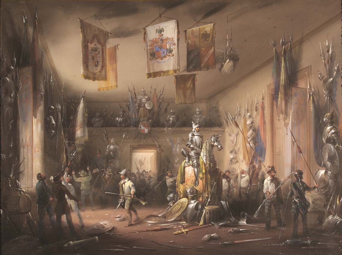 Carlo Bossoli, L’assalto all’armeria del nobile Uboldo da parte degli insorti milanesi il 19 marzo 1848 (tempera su carta, 53,50 x 72,50 cm; Milano, Museo del Risorgimento) Carlo Bossoli, L’assalto all’armeria del nobile Uboldo da parte degli insorti milanesi il 19 marzo 1848 (tempera su carta, 53,50 x 72,50 cm; Milano, Museo del Risorgimento)