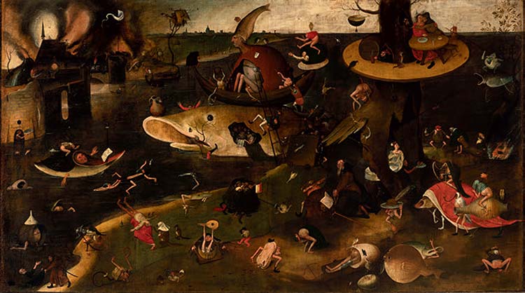 Escuela de Jheronimus Bosch (firmado Pieter Bruegel), Las tentaciones de San Antonio (1554; óleo sobre lienzo, 146 x 259 cm; Colección privada) Escuela de Jheronimus Bosch (firmado Pieter Bruegel), Las tentaciones de San Antonio (1554; óleo sobre lienzo, 146 x 259 cm; Colección privada)