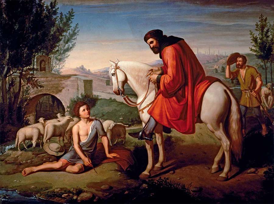 Cristiano Banti, Domenico Mecherino figlio di Pacio colono trovato a disegnare le pecore dal suo padrone Beccafumi (1848; olio su tela, 90 x 119 cm; Asciano, Museo Cassioli - deposito dell’Istituto d’Istruzione Superiore E. S. Piccolomini, Siena) Cristiano Banti, Domenico Mecherino figlio di Pacio colono trovato a disegnare le pecore dal suo padrone Beccafumi (1848; olio su tela, 90 x 119 cm; Asciano, Museo Cassioli - deposito dell’Istituto d’Istruzione Superiore E. S. Piccolomini, Siena)